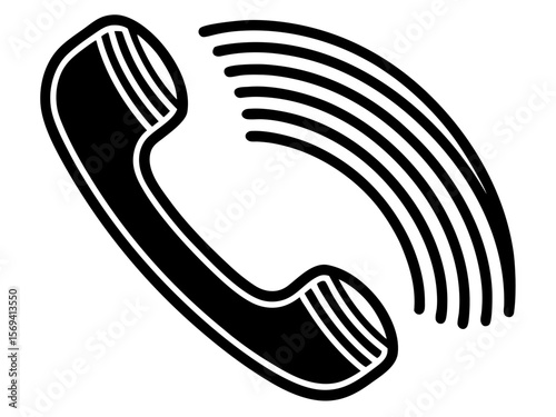 Vector  illustration of a black telephone receiver with sound waves emanating from the device in monochrome style