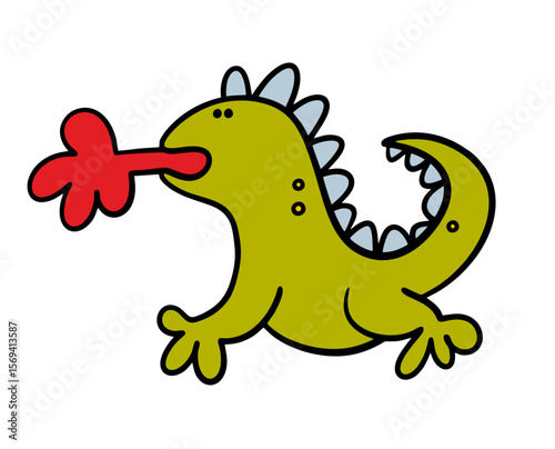 Funny cartoon dragon from   fairy tale breathes fire. Vector illustration of a huge lizard monster,  magical animal,  dangerous pet attacking an enemy.