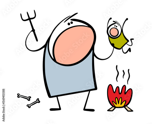 Cartoon fabulous story about a huge ogre. Vector illustration of a scary monster holding a child and getting ready for dinner. A man eats people.