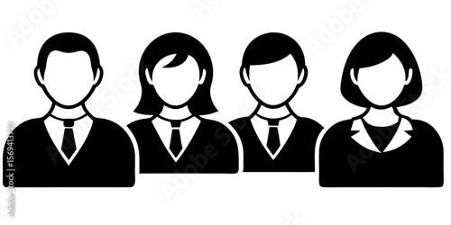 Vector  illustration of four monochrome faceless people wearing suits and ties standing next to each other