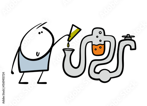 Cartoon stickman in chemistry class doing experiment, pouring liquid in glass system of vessels. Vector illustration scientist and scientific experience in laboratory. Practical science.