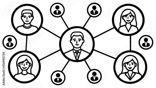 Vector  illustration depicting a central figure connected to various individuals through a network of lines and circles