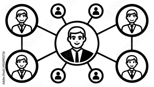 Vector  illustration of a network of people connected to a central figure representing communication and relationships