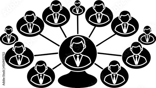 Vector  illustration of a central figure connected to multiple smaller figures representing a network structure