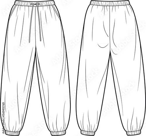 Sweatpants technical flat sketch, jogger pants drawing, vector fashion template, elastic waistband trousers, apparel design, front back view flat vector illustration