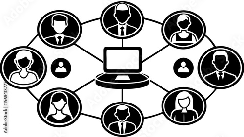 Vector  network of people connected to a central computer representing social media and communication channels online
