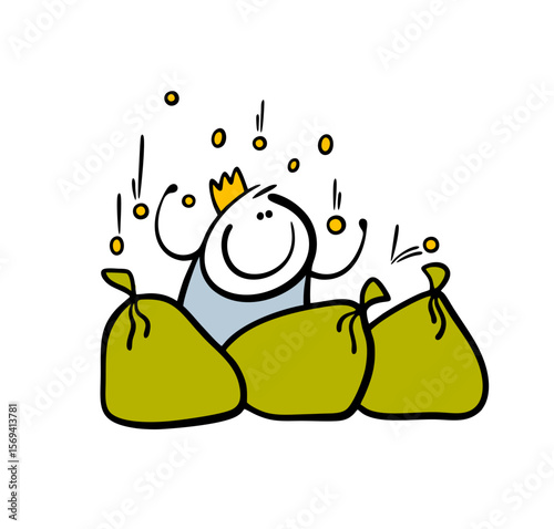 Happy, rich king in a crown and a rain of gold coins. Vector illustration of the financial prosperity of the monarchy. Stickman and money.