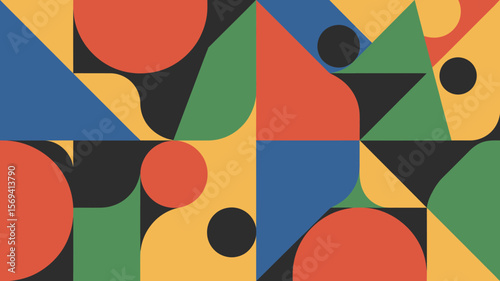 Colorful geometric pattern with circles triangles and squares in a repeating symmetrical design