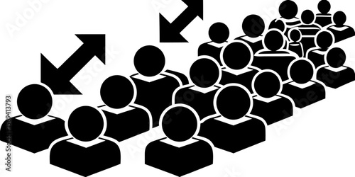 Vector  black and white illustration showing a crowd of people with arrows pointing diagonally inward at them