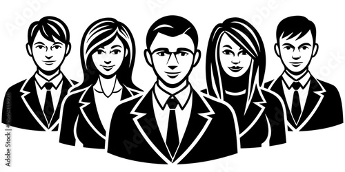 Vector  illustration of five business people in suits and ties standing together in a professional setting look