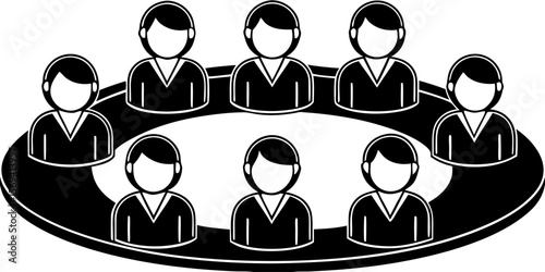 Vector  illustration of a round table meeting with nine people in black and white simple graphic design