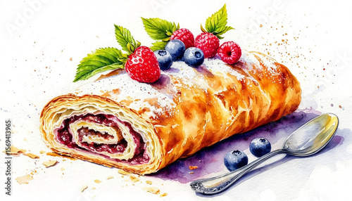 Watercolor. Illustration. Juicy food. Strudel on a plate on a white background and berries in the filling. For design.