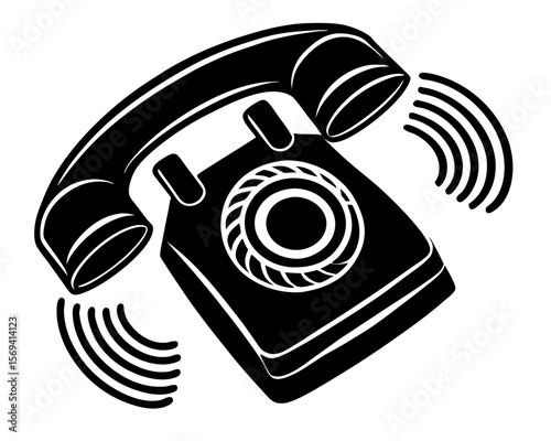 Vector  illustration of a ringing black rotary phone with sound waves emanating from the receiver and base unit