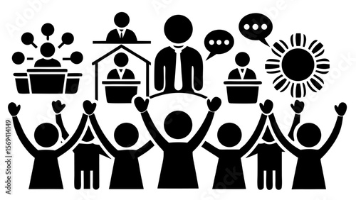 Vector  illustration of a group of people with raised hands and various leadership and communication symbols above them