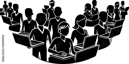 Vector  silhouette illustration of a crowd of people working on laptops in a conference or training session