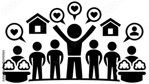 Vector  illustration of a community with people houses and hearts representing love and connection together