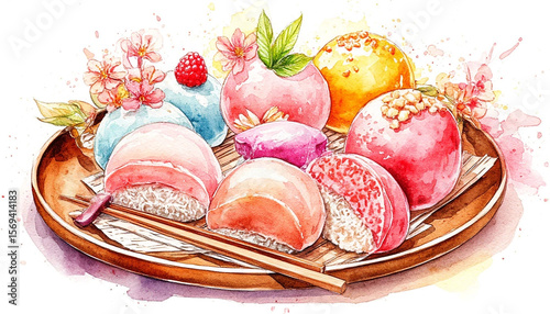 Watercolor. Illustration. Juicy food. Japanese dessert. Mochi in different colors on a festive plate. Set. On a white background. For design.
