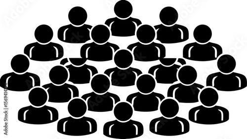 Vector  illustration of a large group of black silhouette people arranged in rows and columns on a white background