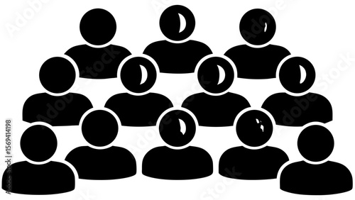 Vector  illustration of a group of people arranged in rows with black silhouettes against a white background