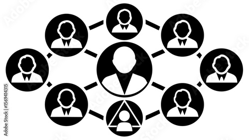 Vector  network of people connected by lines in a circular arrangement with a central figure and hierarchical role 99