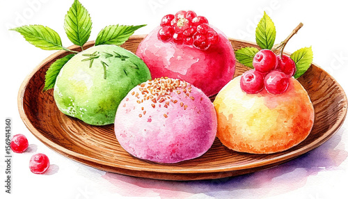 Watercolor. Illustration. Juicy food. Japanese dessert. Mochi in different colors on a festive plate. On a white background. For design.