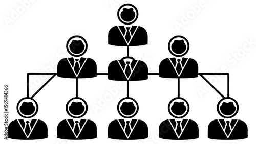 Vector  black and white illustration of a hierarchical organizational chart with stylized business figures connected