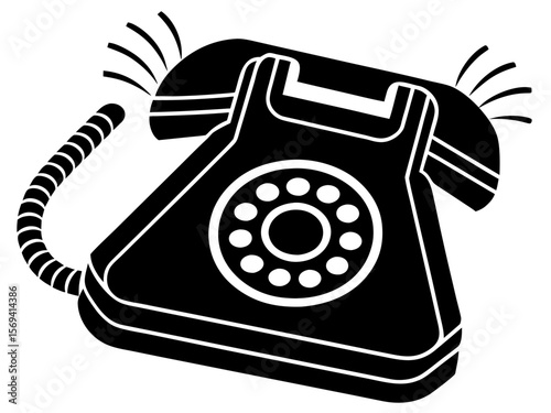 Vector  illustration of a black rotary phone with a coiled cord and ringing signals emanating from the top side