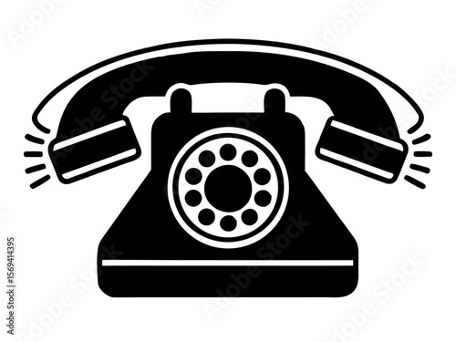 Vector  illustration depicting a classic rotary dial telephone with handset off the hook in black and white style