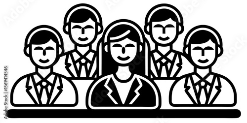 Vector  illustration of a group of five people wearing suits and ties sitting behind a desk in black and white