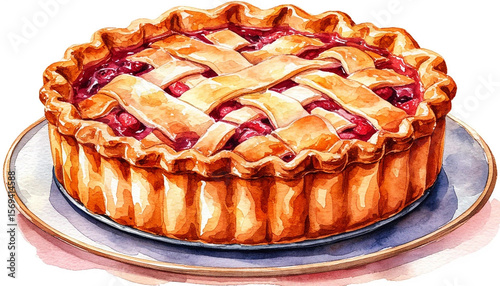 Watercolor. Illustration. Juicy food. Berry pie on a white background. For design.