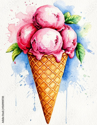 Watercolor. Illustration. Juicy food. Multicolored ice cream in a waffle cone on a white background. For design.