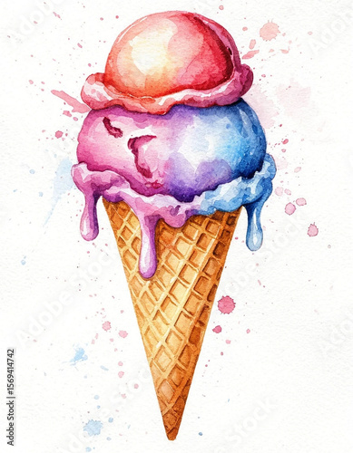 Watercolor. Illustration. Juicy food. Multicolored ice cream in a waffle cone on a white background. For design.