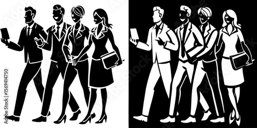 Vector  group of business people walking in suits and dresses in black and white vector illustration style image