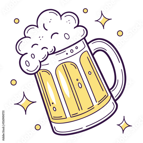 Frothy yellow beverage in a glass mug with sparkling accents beer mug