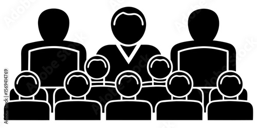 Vector  illustration of a group of people sitting in rows, depicted as simple black silhouettes with rounded heads