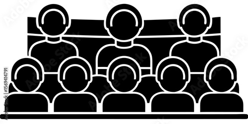 Vector  silhouette illustration of a group of people sitting in rows, possibly an audience or a team setting