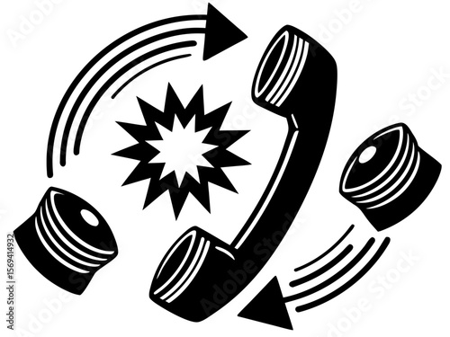 Vector  illustration of a black telephone handset with arrows and a starburst on a white background design