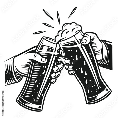 Hands clinking glasses of frothy dark beer drinks celebration