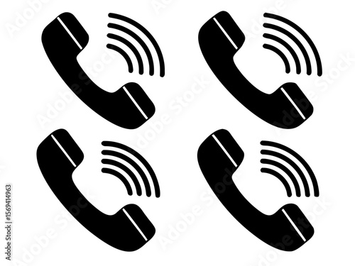 Vector  four black telephone handsets with sound waves arranged in a grid pattern on a white background image