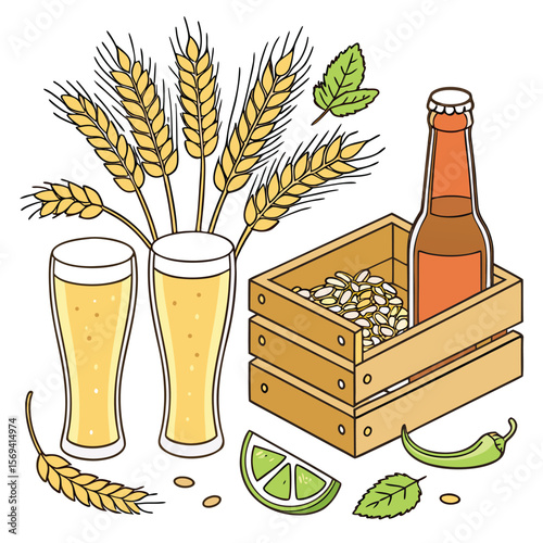 Golden Wheat Stalks Two Glasses of Beer Bottle in Crate Lime Slice and Chili Pepper barley hops
