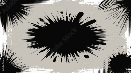 Abstract background featuring a central black ink blot with radiating lines and grunge textures around it