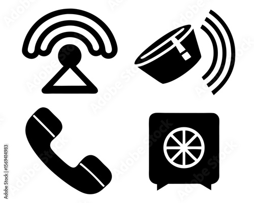 Vector  illustration of wifi signal, speaker with sound waves, telephone receiver, and safe box icons set up nicely