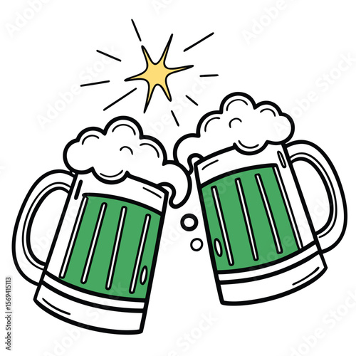 Two green beer mugs clinking with foam and bubbles toast