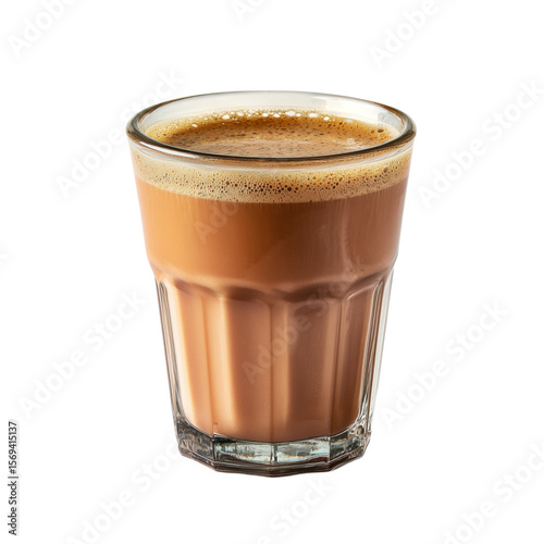 Freshly brewed glass of chai tea with creamy texture isolated on white background