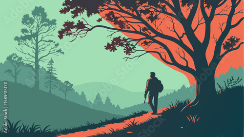Vector  silhouette of a man with backpack walking on a path under a tree against a scenic landscape backdrop