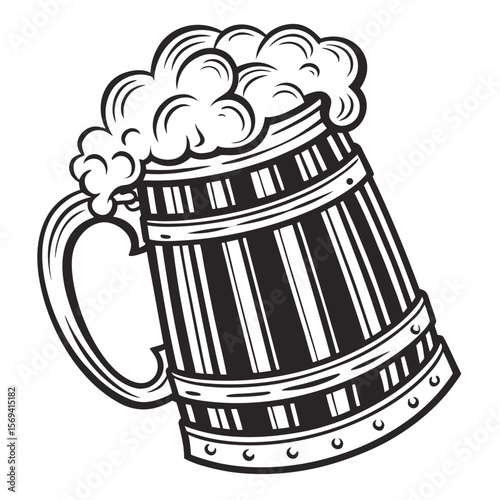 Wooden beer mug overflowing with foamy beverage drink