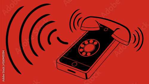 Vector  illustration of a ringing black smartphone with a rotary dial and handset on a red background design