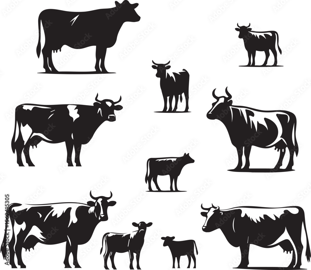 Fototapeta premium Cow Vector Silhouette Set – 10 Farm Animal Poses – Clean Minimal Vector Art