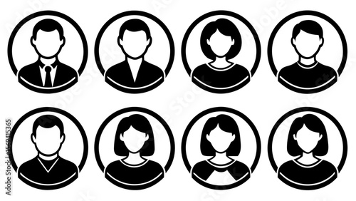 Vector  collection of eight circular user icons depicting various male and female avatars in a minimalist style