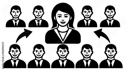 Vector  hierarchical structure with a woman at the top and men at the bottom and top with arrows showing flow